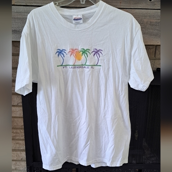 Vintage 90s Ft Lauderdale Florida Embroidered Short Sleeve T-shirt Palm Trees L - Picture 1 of 10